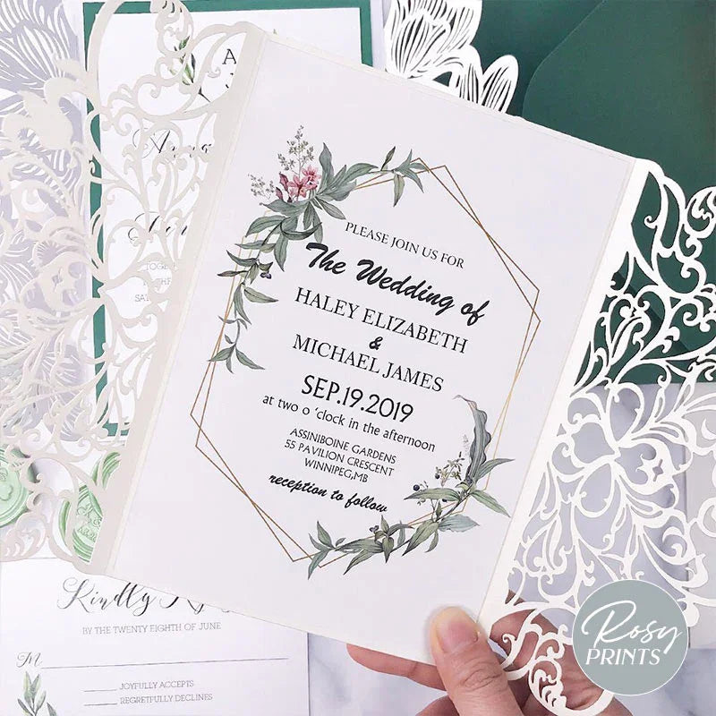 rustic sage green leaves laser cut wedding invitations ROSYP06 - Rosy Prints