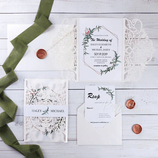 rustic sage green leaves laser cut wedding invitations ROSYP06 - Rosy Prints