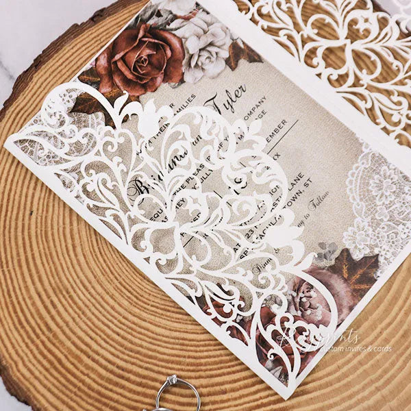 terracotta fall rustic wedding invitations with lace and burlap ROSG34 - Rosy Prints