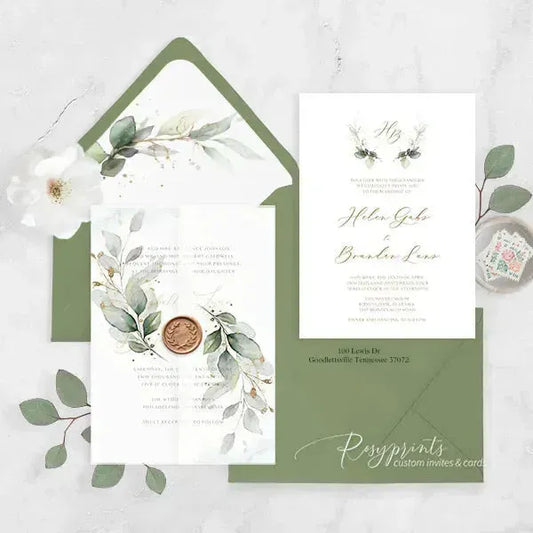 elegant sage green vellum wedding invitations ROSYV07 - Rosy Prints