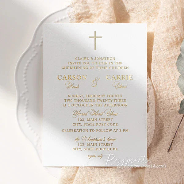gold foil cross twin boys girls baptism christening invitations RPB14 - Rosy Prints