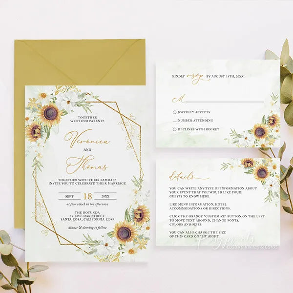 rustic gold sunflower and greenery wedding card invitations ROSYP65 - Rosy Prints