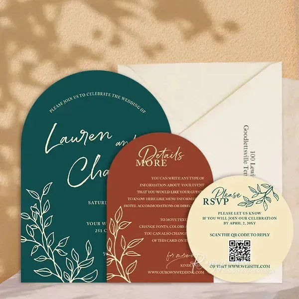 teal and rust arched wedding invitations RPS12 - Rosy Prints