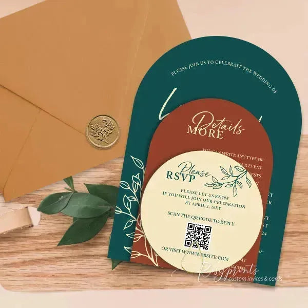 teal and rust arched wedding invitations RPS12 - Rosy Prints