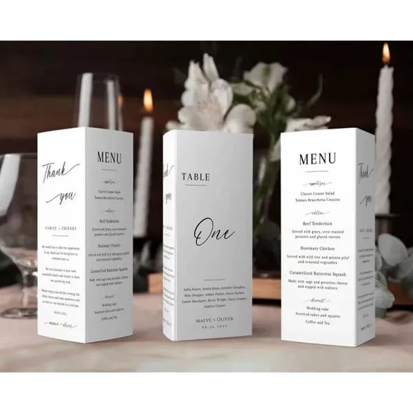 trifold cheap wedding menu, table number, thank cards ROSYWM05 - Rosy Prints