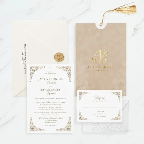 beige vintage wedding invitations with foil velvet pocket ROSYP47 - Rosy Prints