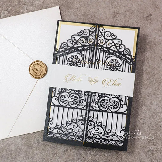 vintage black and gold foil wedding invitations RPS40-A - Rosy Prints