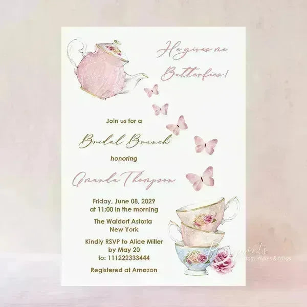 Vintage Tea Party Butterfly Bridal Shower Invitations RPB02 - Rosy Prints