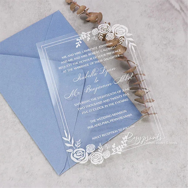 elegant white rose clear acrylic wedding invitations ROSYA29 - Rosy Prints