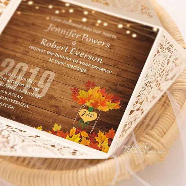 fall rustic wedding invitations with mason jar and maple leaf ROSYP63 - Rosy Prints