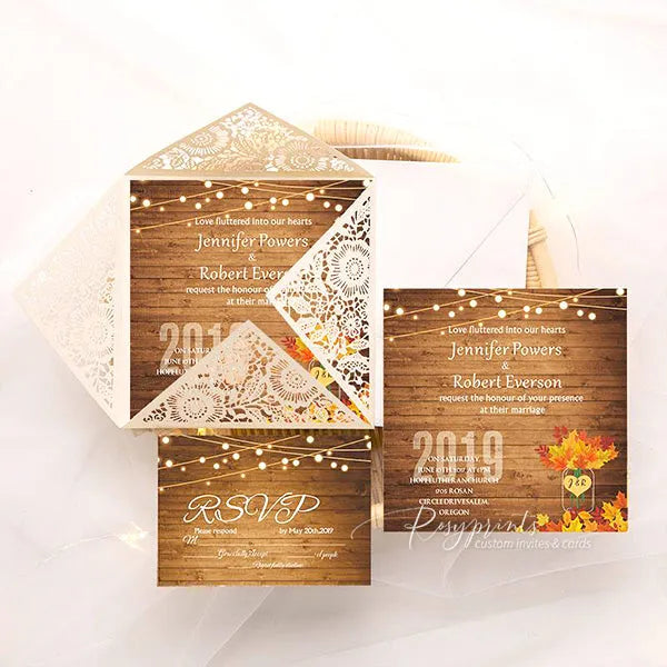 fall rustic wedding invitations with mason jar and maple leaf ROSYP63 - Rosy Prints