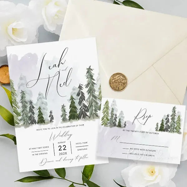 woodland green pine tree forest wedding invites RPS24 - Rosy Prints