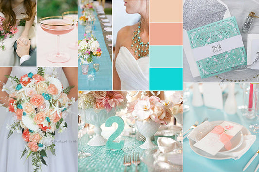 Elegant Pink, coral peach and tiffany blue Tropical Wedding Decor & Invitations