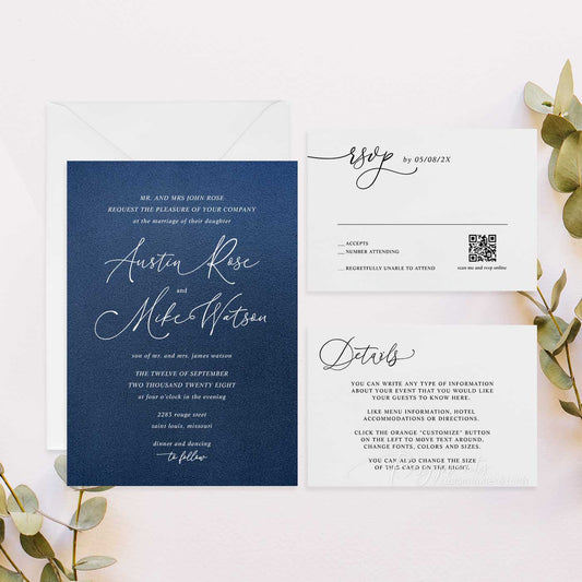 Cheap Navy Blue Wedding Invitations with RSVP