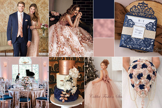 navy blue and rose gold wedding colors and invitations