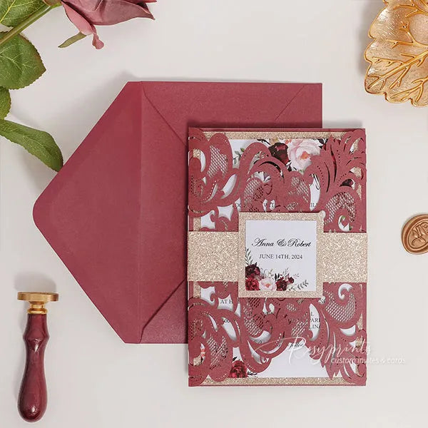 burgundy wedding invitations - Rosy Prints