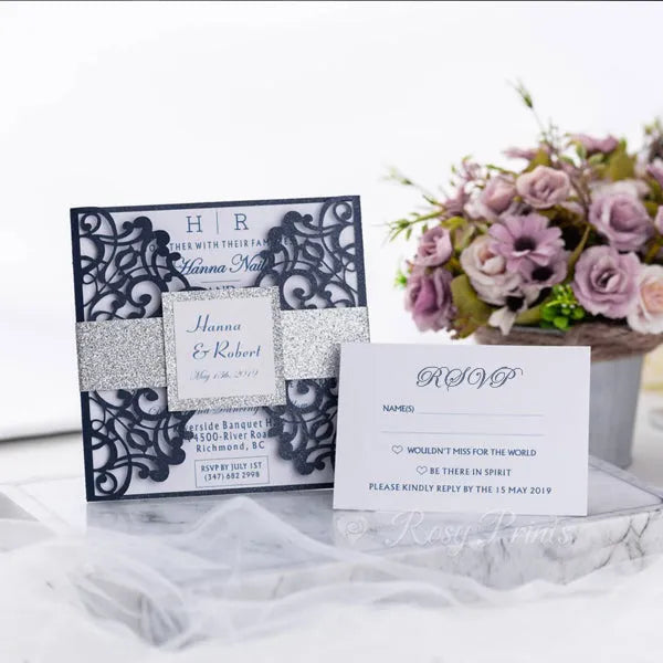 navy blue wedding invitations - Rosy Prints