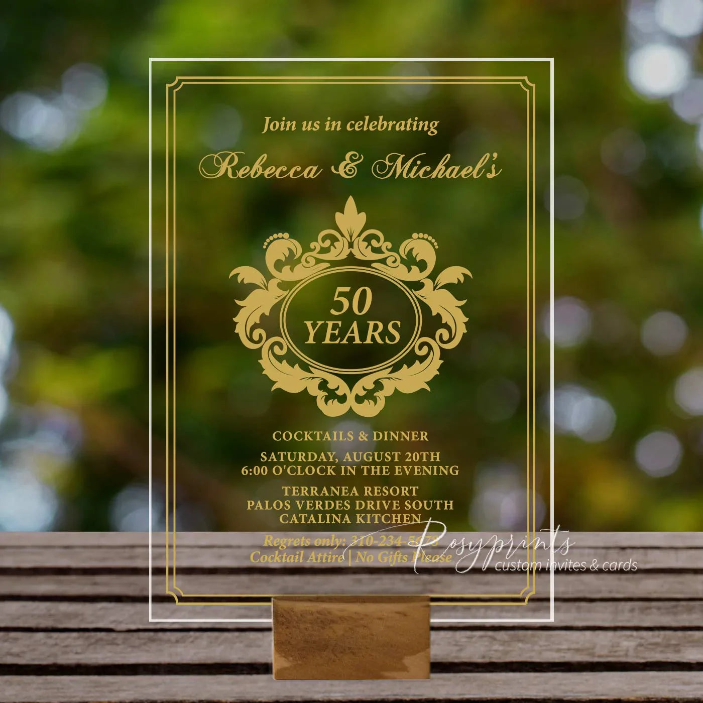 gold crest elegant 50th anniversary party acrylic invitations