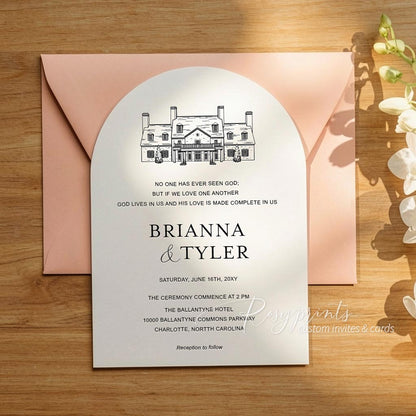 Arched Letterpress Wedding Invitations with Venue Sketch 