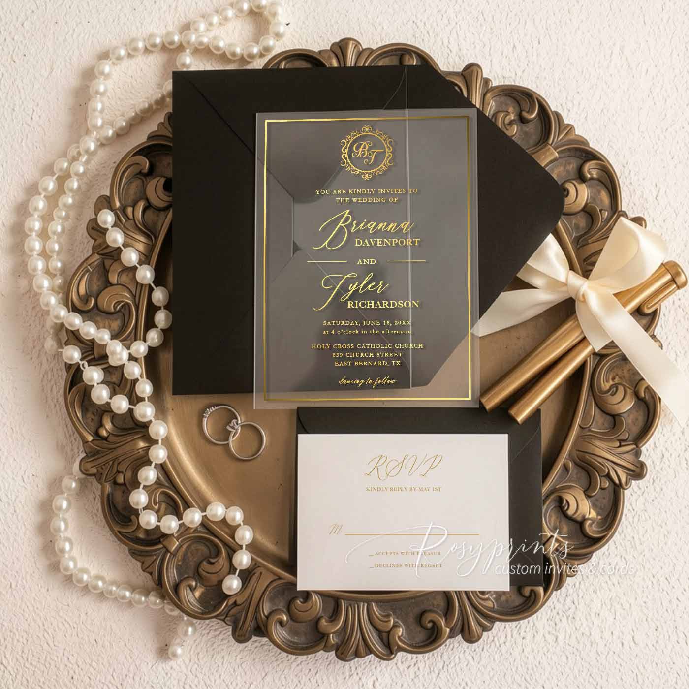 Gold foil monogram clear acrylic glass invitations ROSYA129