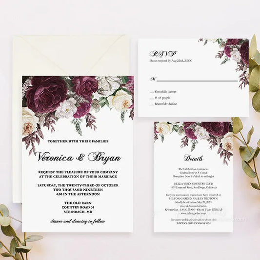 Dark Plum Purple Ivory Floral Wedding Invitations RPS40 - Rosy Prints