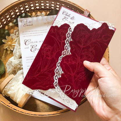 Burgundy Red Tulip Velvet Wedding Invitations with Lace Edge