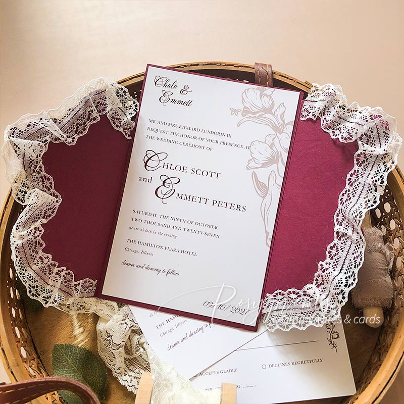 Burgundy Red Tulip Velvet Wedding Invitations with Lace Edge
