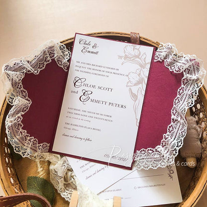 Burgundy Red Tulip Velvet Wedding Invitations with Lace Edge