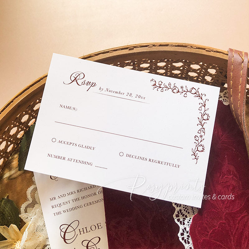 Burgundy Red Tulip Velvet Wedding Invitations with Lace Edge