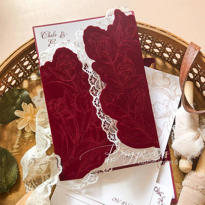 Burgundy Red Tulip Velvet Wedding Invitations with Lace Edge