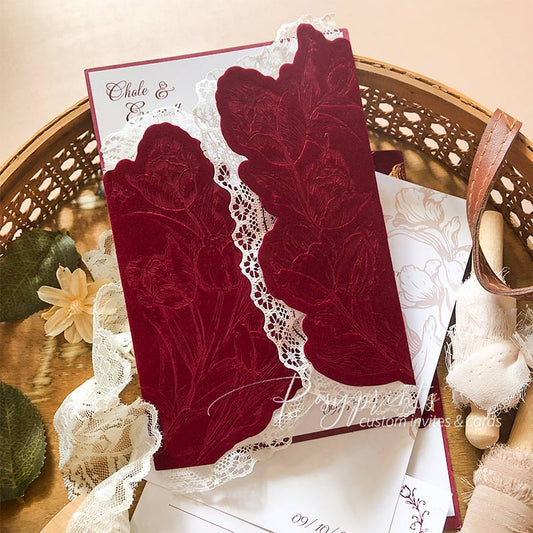 Burgundy Red Tulip Velvet Wedding Invitations with Lace Edge