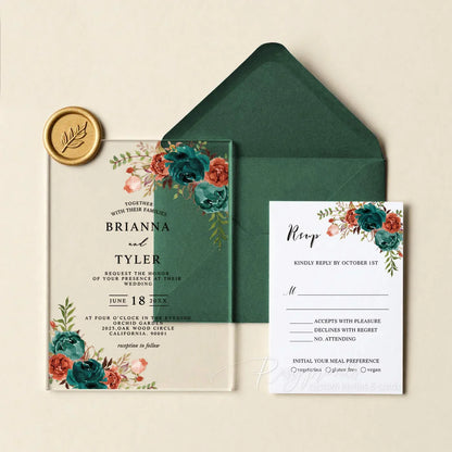 Burnt orange and emerald flower acrylic wedding invitations