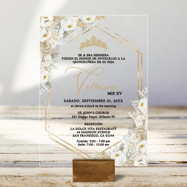 Ivory cream white and champagne acrylic sweet 16 invitations ROSYA94 - Rosy Prints