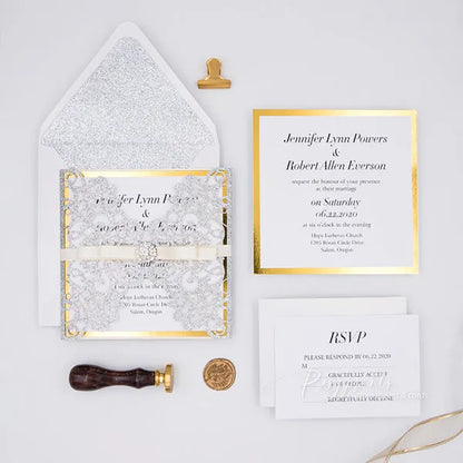 Classy Silver and Gold Wedding Invitations with Bling Stone