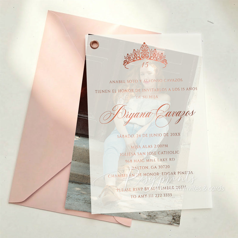 rose gold foil quince save the date with vellum overlay