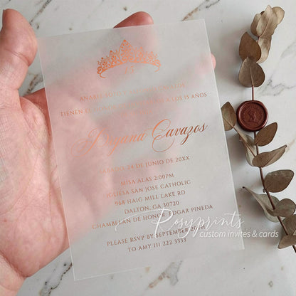 rose gold foil quince save the date with vellum overlay