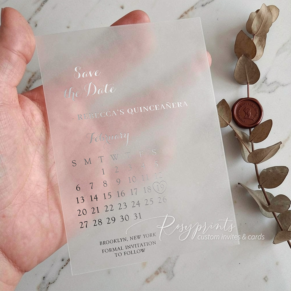 silver foil quinceañera save the date cards with vellum overlay ROSYS13