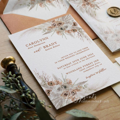 Earth tone boho terracotta floral vellum wedding invitations