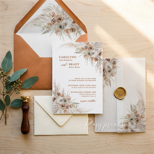 Earth tone boho terracotta floral vellum wedding invitations