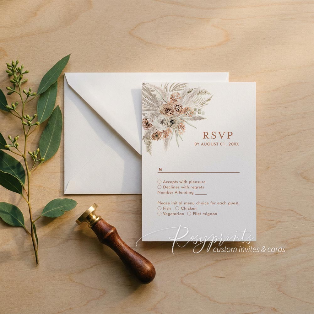 Earth tone boho terracotta floral vellum wedding invitations