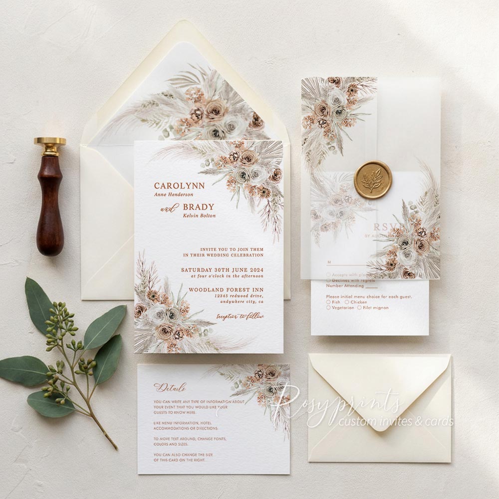 Earth tone boho terracotta floral vellum wedding invitations