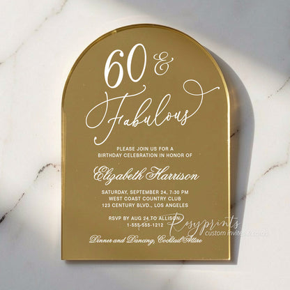 gold mirror arched acrylic 60th birthday invitations