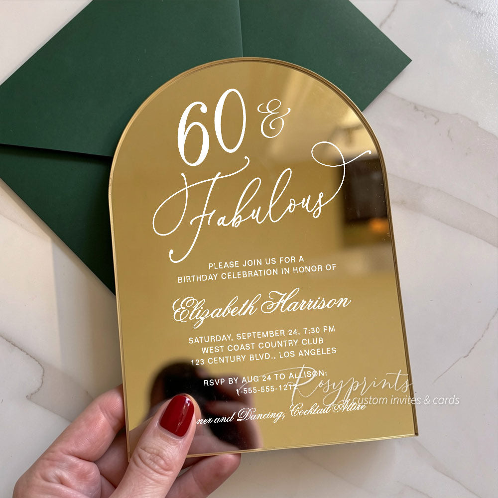 gold mirror arched acrylic 60th birthday invitations