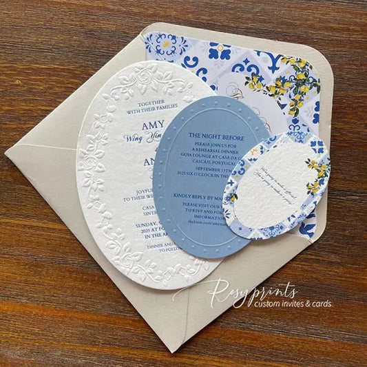 Elegant Mediterranean Lemon & Blue Tile Letterpress Wedding Invitations