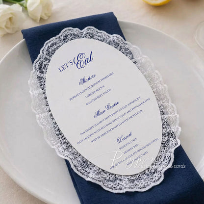 Elegant Navy Blue and White Oval Lace Trim Wedding Menu