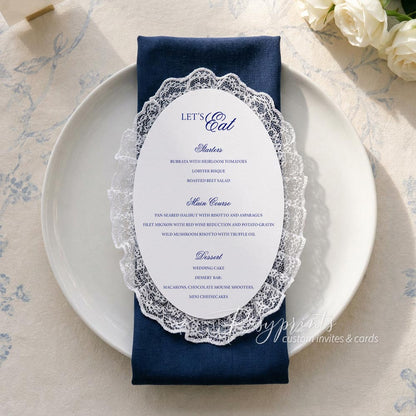 Elegant Navy Blue and White Oval Lace Trim Wedding Menu