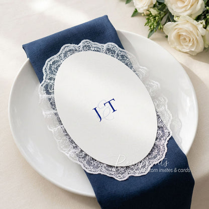 Elegant Navy Blue and White Oval Lace Trim Wedding Menu