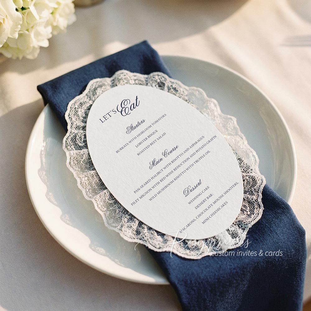 Elegant Navy Blue and White Oval Lace Trim Wedding Menu