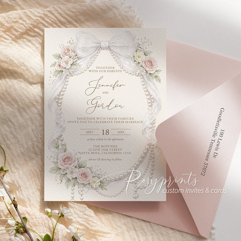 elegant pink yellow floral and pearls wedding invitations