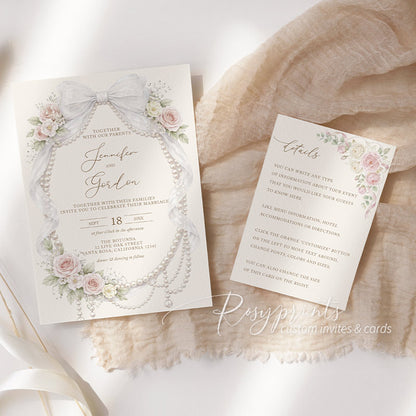 elegant pink yellow floral and pearls wedding invitations